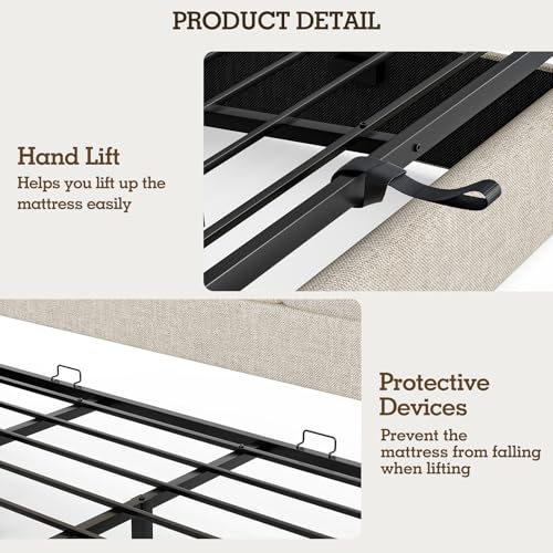 King Bed Frame with Hydraulic Gas Lift Up Storage, Linen Upholstered
