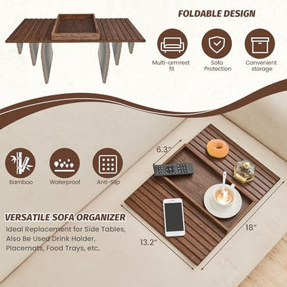 Bamboo Sofa Arm Tray, Foldable Couch Arm Tray Side Table, Anti-Falling Armrest Tables Cup Holder for Snacks, Drinks, Beers, Phone, Control, Flexible and Portable, Anti-Slip Bottom