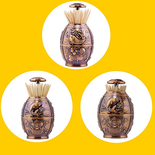 Push Style Retro Metal Automatic Toothpick Holder, House Warming Gifts, Retractable Toothpicks Case Can Box Organizer Storage Container, for Home Restaurant Café Club Bar Hotel ( Red Bronze )