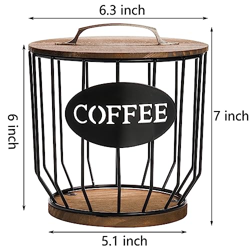 Coffee Pod Holder with Lid, Large Capacity K Cup Holder with Rustic Wooden Base, Black Wire Coffee Storage Basket for Kitchen Countertop, Cafe Bar Organizer