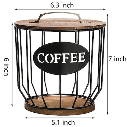 Coffee Pod Holder with Lid, Large Capacity K Cup Holder with Rustic Wooden Base, Black Wire Coffee Storage Basket for Kitchen Countertop, Cafe Bar Organizer