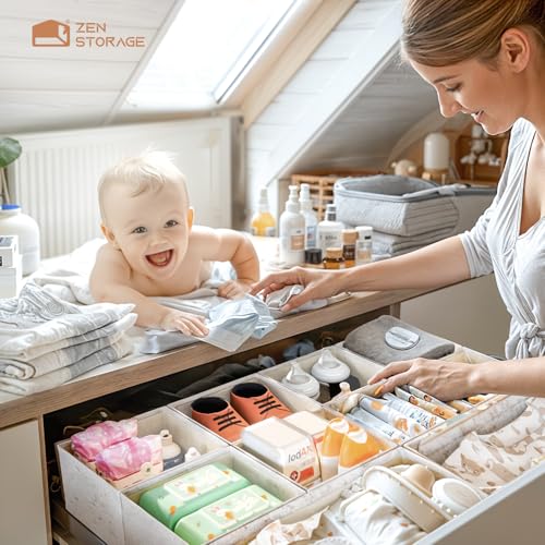 ZenStortage Cotton Linen Baby Drawer Organizers for Nursery, 12Pack Beige | Natural Cotton Linen Fabric, 3 Sizes for Flexible Combinations, Skin-Friendly Material, Foldable Zipper Design