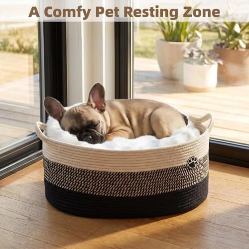 Optish 40L Extra Large Dog Toy Basket, XL Toy Storage Box and Bin with Handles, 20" x 14" x 9" Woven Cotton Rope Foldable Basket for Blankets, Living Room, Bedroom, Home Decor, Black & Brown
