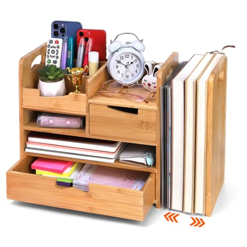 Bamboo Desk Organizer with Adjustable File Holder,... (Light Brown | Bamboo)
