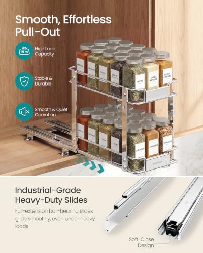 SONGMICS 2 Tier Pull Out Spice Rack for inside Cabinets, Steel | Spice Organizer, Slide Out Cabinet Organizer, for Kitchen Cabinet Storage, Silver UKCS117E101