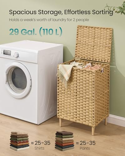 SONGMICS 2-Section Laundry Hamper with Lid, 29 Gal (110L) PE Rattan Laundry Basket with Removable Washable Liners, for Bedroom & Living Room, Goose Yellow ULCB222YE01