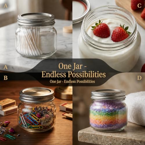 8 oz Mason Jars with Airtight Silver Lids - 12 Pack Small Glass Jars Set with Labels & Twine - Wide Mouth Canning Jars for Yogurt, Pantry Spice Organization, Homemade Jam & Honey