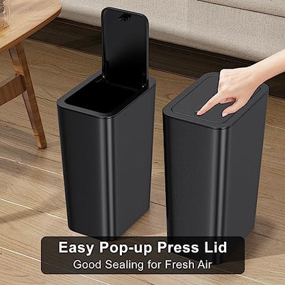 N. NETDOT 3 Pack 10 L/2.6 Gal Bathroom Trash Can with Lid, Small Kitchen Trash Bin with Press Type Lid, Black Trash Can/Slim Garbage Cans/Trash Bin/Waste Basket for Bathroom,Kitchen,Office,Bedroom