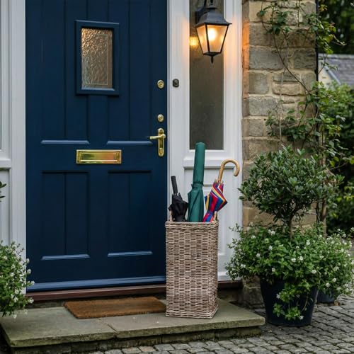 GlikCeil Rattan Umbrella Holder for Entryway 20.5h x 9l x 9w Inch Square Umbrella Stand with Plastic Water Catch, Umbrellas Basket Bucket Fit Walking Cane Tall Umbrellas Storage for Home Office