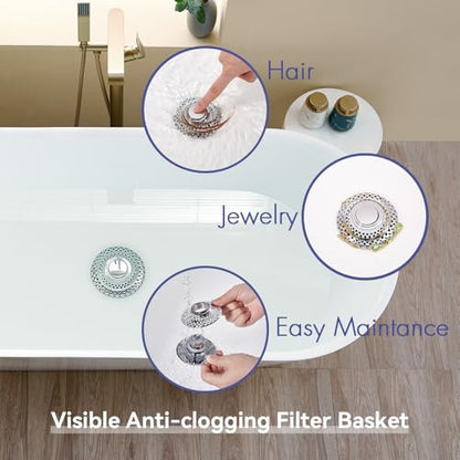 Bathtub Drain Stopper with Removable Hair Catcher, 3-in-1 Pop-up Drain Plug Fits 1.38 to 1.8 Inch Holes, Upgrade Shower Drain Cover with Stainless Steel Filter