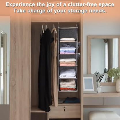 BOOMIBOO Hanging Closet Organize and Shelves,5-Hanging Shelf（2 Pack,Grey） | Dorm Room Essentials, Clothes Organizer with 2 Side Pockets, Hanging Shelves for Closet Storage, Breathable Fabric