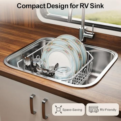 Small in Sink Dish Drying Rack - Stainless Steel for RV Kitchen | Compact Design for Apartments, 1-2 Person, Utensil Holder, Cup Hooks, Angled Corners Fit Square & Round Sinks, 11.6" x 13.4"