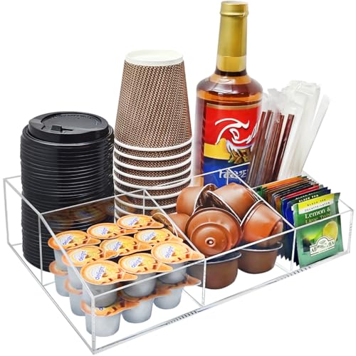 Acrylic Coffee Bar Station Organizer for Countertop, Office, Home Coffee K Cup Holder Holds Paper Cups, Condiments, Syrups, Creamer, Multi-Purpose Accessories Organizer