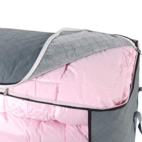 Comforter Storage Bag, Zippered Bag with Large Clear Window and Carry Handles, Space Saver Organizers for Closet, Blanket, Pillow, Quilt, Bedding, Clothes (2Pcs Grey Large)