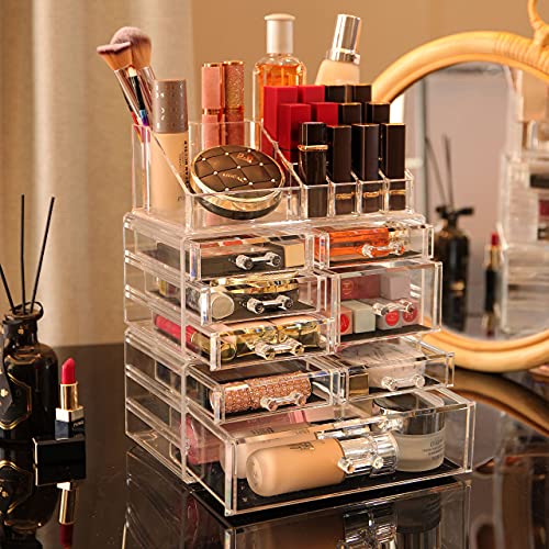 Cq acrylic 3 Pack Clear Makeup Organizer Countertop,Stackable 8 Drawers Skincare Organizer,Cute Skin Care Organizer for Vanity Hair Clip,Jewelry,Beauty Product Desk and Make Up Organizers for Vanity