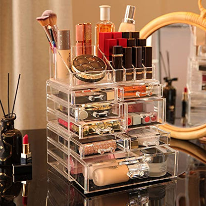 Cq acrylic 3 Pack Clear Makeup Organizer Countertop,Stackable 8 Drawers Skincare Organizer,Cute Skin Care Organizer for Vanity Hair Clip,Jewelry,Beauty Product Desk and Make Up Organizers for Vanity