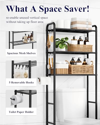 Kitsure Over Toilet Storage Rack, 63.2" H Space-Saving, Holder & Hooks | Bathroom, Laundry Room, Small Spaces, Families, Durable Metal, Black, 3 Tier