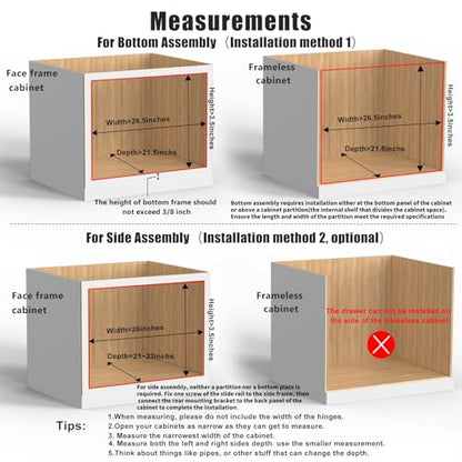 26''W x 21''D x 3''H Pull Out Cabinet Drawer Soft Close Slide Out Wood Organizer for Kitchen, Finished, Bottom and Side Assembly (Wood Drawer Part Width is 25inch)