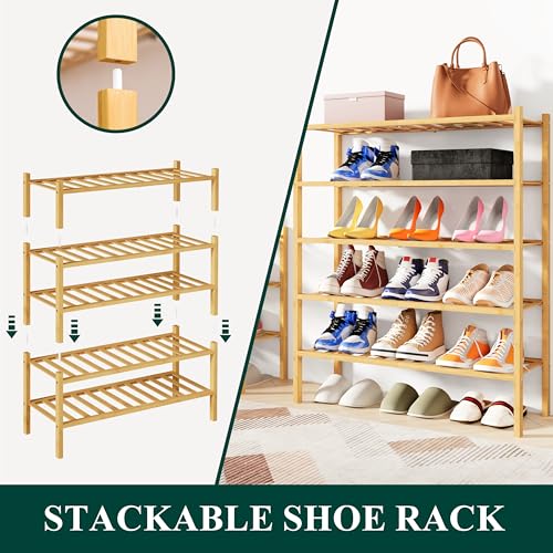 Smiry Bamboo Shoe Rack, 12 Vertical Slats, 3 Tier - 26.8" Wide, Natural | Stackable Free Standing Wooden Shoe Organizer, Wood Shoe Storage Shelf for Closet, Entryway