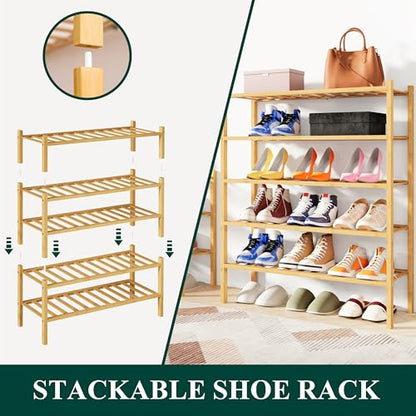 Smiry Bamboo Shoe Rack, 12 Vertical Slats, 3 Tier - 26.8" Wide, Natural | Stackable Free Standing Wooden Shoe Organizer, Wood Shoe Storage Shelf for Closet, Entryway