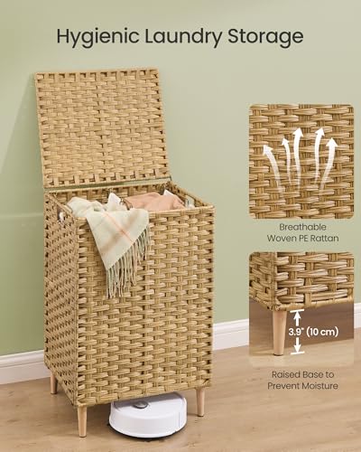 SONGMICS 2-Section Laundry Hamper with Lid, 29 Gal (110L) PE Rattan Laundry Basket with Removable Washable Liners, for Bedroom & Living Room, Goose Yellow ULCB222YE01
