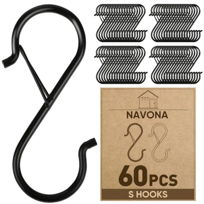 60 Pcs S Hooks for Hanging Heavy Duty, Metal S Hook with Safety Buckle | 3.5-inch S Hook for Hanging Plants, Suitable for 0.5 inch Rods, Purse Hooks, Perfect for Closet, Kitchen, Pot, Pan, Bags
