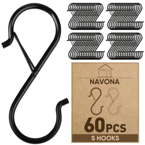 60 Pcs S Hooks for Hanging Heavy Duty, Metal S Hook with Safety Buckle | 3.5-inch S Hook for Hanging Plants, Suitable for 0.5 inch Rods, Purse Hooks, Perfect for Closet, Kitchen, Pot, Pan, Bags