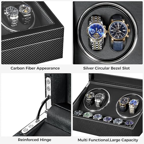 ANWBROAD Watch Winders for Automatic Watches, 4 Watch Winder | Automatic Watch Winder with 4 Watches Rotator and 6 Extra Storages,Japanese Quiet Motor,Carbon Fiber Watch Winders,UJWW012C