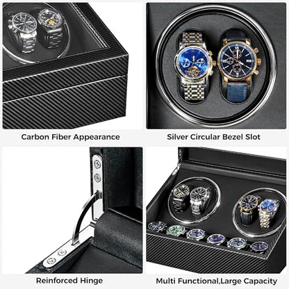 ANWBROAD Watch Winders for Automatic Watches, 4 Watch Winder | Automatic Watch Winder with 4 Watches Rotator and 6 Extra Storages,Japanese Quiet Motor,Carbon Fiber Watch Winders,UJWW012C