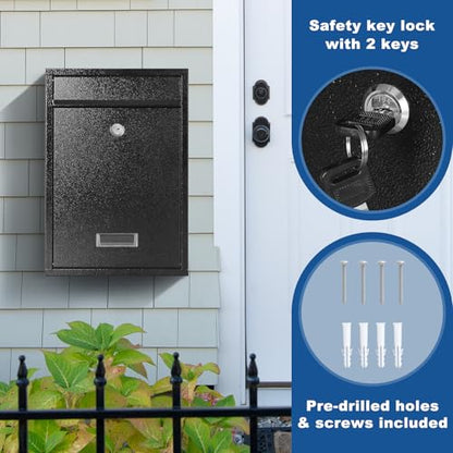 KYODOLED Mailbox for Outside, Wall Mount Locking Mailbox, Security Drop Box with Key Lock for Letters, Cash, Cards, Steel Mail Box for House Office School, 12.4H x 8.54L x 3.35W Inches, Black