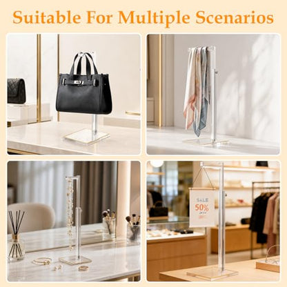 4Pcs Acrylic Purse Display Stands, 14"-24" Adjustable Height Handbag Holder with Anti-Slip Gold Trim Base, Standing Hooks for Necklace Scarf Medal Pocket Watch, Elegant Clear Rack for Closet Retail Boutique Counter
