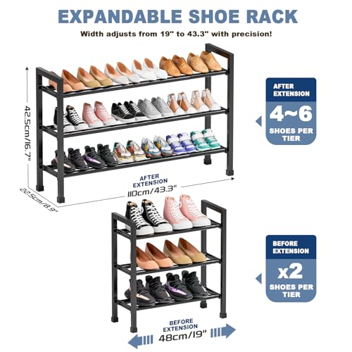 Mavivegue 19“- 43” Adjustable Shoe Rack, 3 Adjustable Length, 3 Tier Expandable Shoe Rack for Closet, Entryway, Shoe Shelf, Black