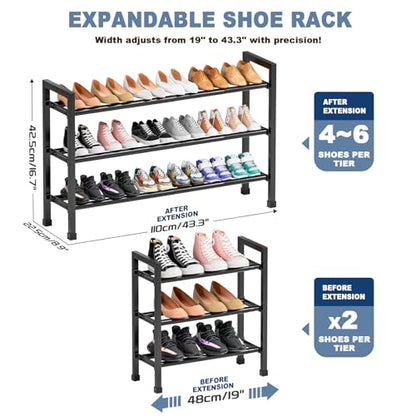 Mavivegue 19“- 43” Adjustable Shoe Rack, 3 Adjustable Length, 3 Tier Expandable Shoe Rack for Closet, Entryway, Shoe Shelf, Black