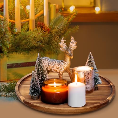 Acacia Round Wood Serving Tray for Ottoman Coffee Dining Table Decorations | Large Wooden Decorative Tray Kitchen Counter Island Home Decor Circle Candle Holder Trays Living Room Centerpiece Accessories