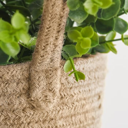 Dahey 2 Pack Woven Hanging Wall Basket 6.5"W×7"H with Artificial Eucalyptus | Easy Hanging Design, Jute Multi-Use Storage Basket, Holds Artificial Plants Flowers ＆ Utensils, Farmhouse Kitchen Wall Decor