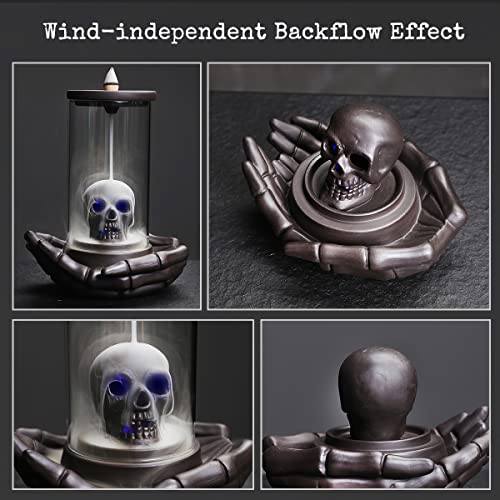 Skull Incense Burner Holder - Backflow Waterfall , LED Ceramic Unique Skeleton Incense Burner with 15 Incense Cones for Halloween/Aromatherapy/Yoga/Home/Room/Office Deco