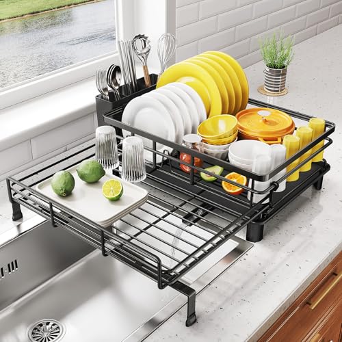 Expandable Dish Drying Rack for Kitchen Counter, Stainless Steel, Black | Foldable Over Sink, Large Capacity, Adjust to Fit Most Sinks, Angled Drainboard, Removable Utensil Holder, Slip Resistant