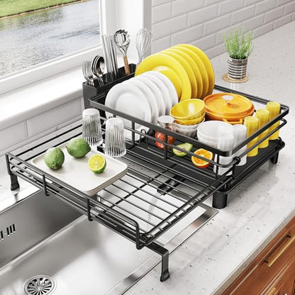 Expandable Dish Drying Rack for Kitchen Counter, Stainless Steel, Black | Foldable Over Sink, Large Capacity, Adjust to Fit Most Sinks, Angled Drainboard, Removable Utensil Holder, Slip Resistant