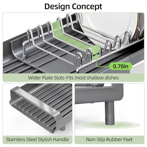 TOOLF Small Dish Drying Rack, Expandable and Space-Saving, Gray | Mini Dish racks for kitchen counter, Compact Design Fits Sink or Counter, Stainless Steel Plate Rack, 11"-19.3"L×7.7"W×3.54"H