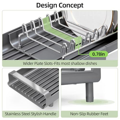 TOOLF Small Dish Drying Rack, Expandable and Space-Saving, Gray | Mini Dish racks for kitchen counter, Compact Design Fits Sink or Counter, Stainless Steel Plate Rack, 11"-19.3"L×7.7"W×3.54"H