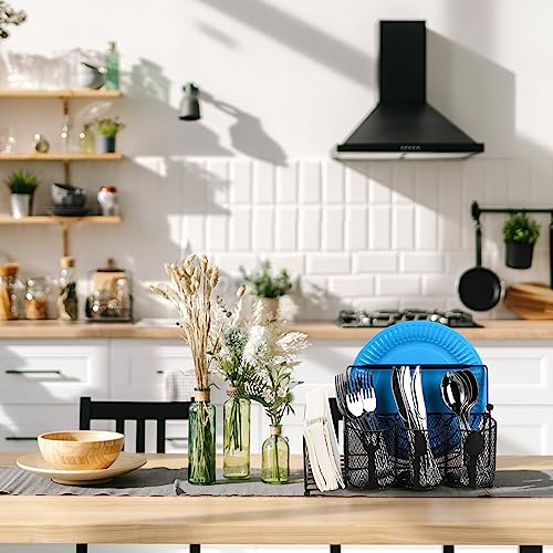 Metal Utensil Caddy with 5 Compartments, Black Mesh Silverware Caddy Organizer, Flatware Storage Holder for Napkins, Plates, Party, Camping, Picnic, Buffet, RV, BBQ, Kitchen, Countertop