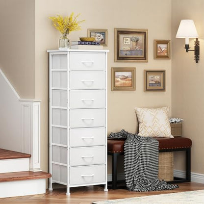 Fixwal Tall Narrow White Dresser for Bedroom, Storage Dresser Organizer in Closet with 7 Fabric Drawers, Nightstand for Dorm