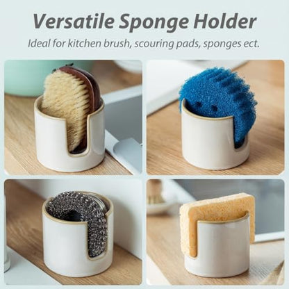Sponge Holder for Kitchen Sink, Ceramic Dish Sponge Drying Caddy | Scrubby Daddy Kitchen Storage Organizer Cute Dish Brush Drying Rack for Sink Counter, Farmhouse Kitchen Decor, Beige White