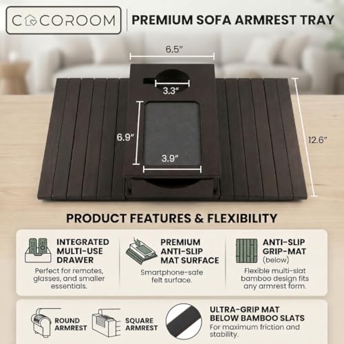 Sofa Armrest Tray with Drawer & Cup Holder — Wooden Couch Arm Tray with Anti-Slip Surface | Fits Most Sofa & Couch Arms (Dark Brown)
