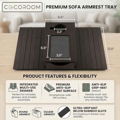 Sofa Armrest Tray with Drawer & Cup Holder — Wooden Couch Arm Tray with Anti-Slip Surface | Fits Most Sofa & Couch Arms (Dark Brown)