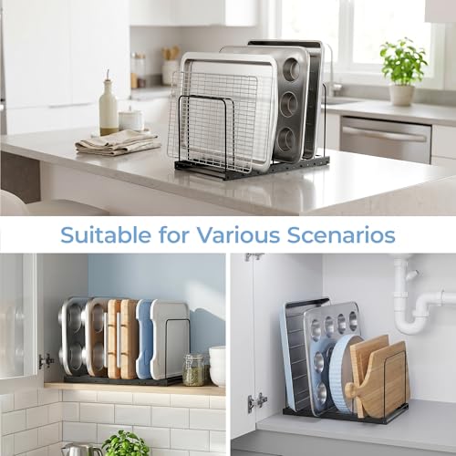 Cutting Board Organizer Rack for Cabinet with 7 Adjustable Dividers | 7 adjustable dividers. Holds cutting boards, cookie sheets, baking trays and thin pans, Wire rack for cabinet or countertop
