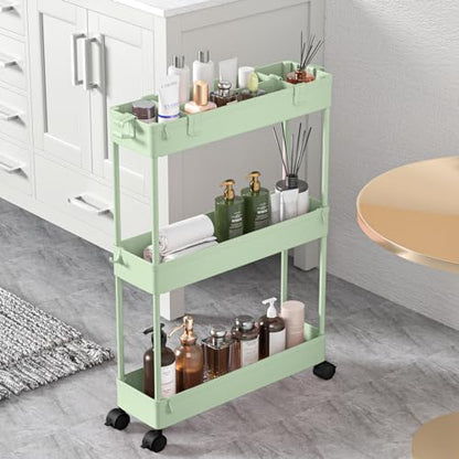 Slim Storage Cart 3 Tier,Bathroom Organizer Rollin... (Green | Plastic)