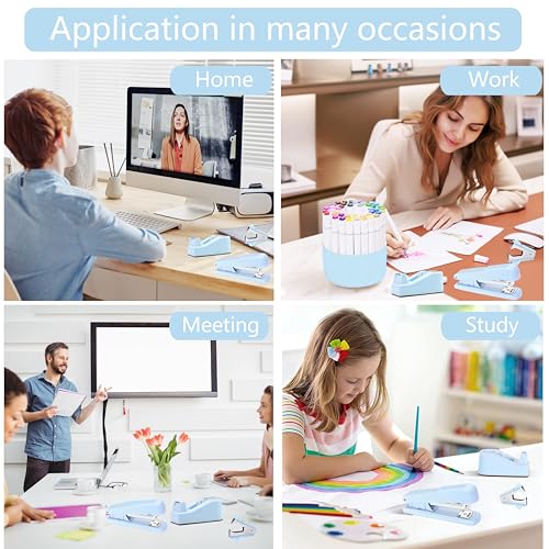 Blue Desk Accessories, Blue Office Supplies Accessories with Tape Dispenser, Stapler, Staple Remover, 1000 Staples, Tape, Clips Set, Ruler, Scissor, Pen