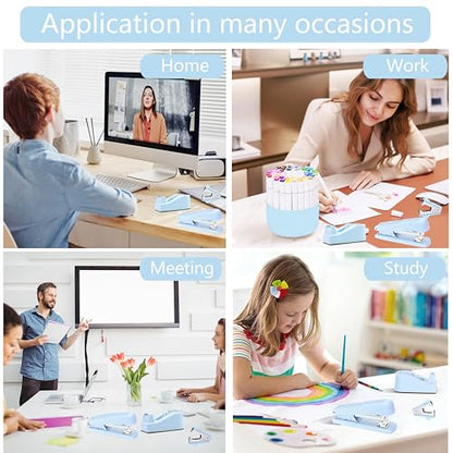 Blue Desk Accessories, Blue Office Supplies Accessories with Tape Dispenser, Stapler, Staple Remover, 1000 Staples, Tape, Clips Set, Ruler, Scissor, Pen