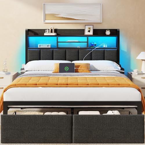 Queen Size Bed Frame with Headboard, Drawers, Charging Station